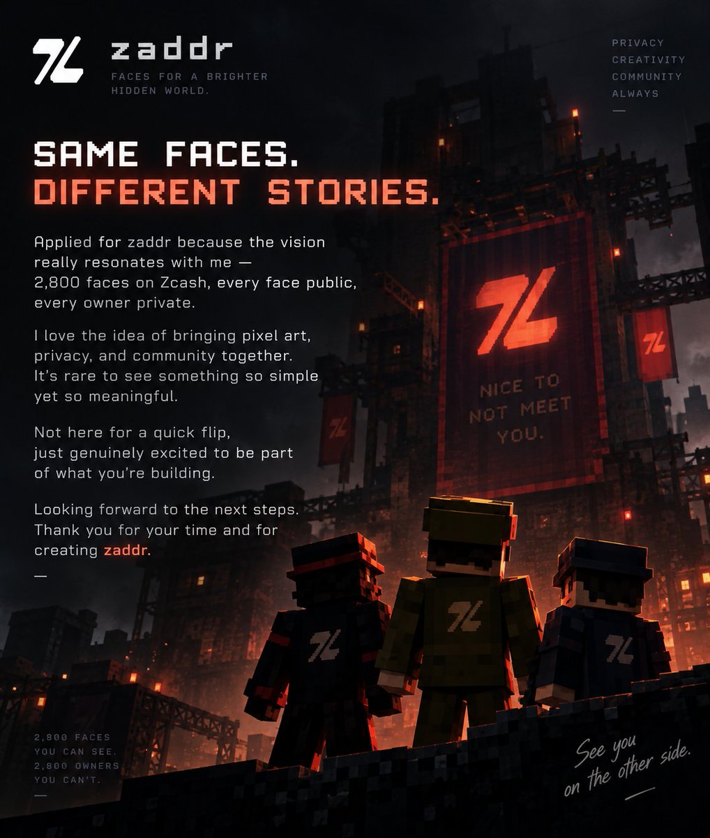 Its_mahesh464's tweet photo. Applied for zaddr and genuinely excited about the vision of privacy, pixel art, and community. 🖤
Now patiently waiting and hoping to be part of this journey. 👀⏳
@zaddrnet #Zcash #zaddr
@zaddrnet https://t.co/7IaJ7nsLmn