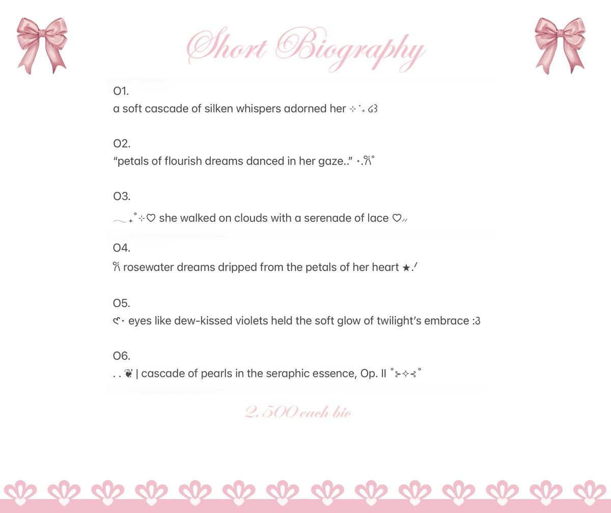 hiabiscus's tweet photo. ⠀ ready stock bio short &amp; long

⠀ ⠀  𑣲 long bio IDR 3,5OO
⠀ ⠀ 𑣲 short bio IDR 2,5OO

These bio are  very berry perfect 
for cyber, personal, roleplayer  &amp;
rant account ⊹ ˖ ໒꒱

Come  &amp;  grab  your  favorite bio!
⠀⠀⠀⠀#zonauang #bealanjaㅤ https://t.co/U9tkD4whLp