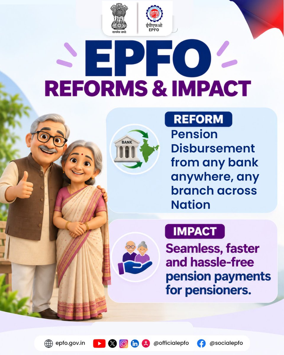 officialepfo's tweet photo. EPFO Reform: Pension, Anytime &amp; Anywhere! 
Pensioners can receive their pension from any bank, at any branch across the country—making pension payments seamless, faster and hassle-free.

#EPFO #EPFOWithYou #EPFAdvance #EPFOReform https://t.co/qFQ6bCy1mM