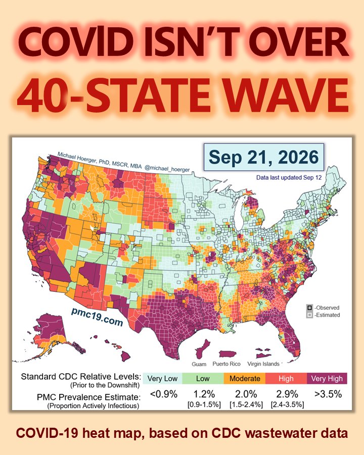 michael_hoerger's tweet photo. PMC COVlD Update, Sep 21, 2026 (US)

🔥13th COVlD wave
🔥40 states/territories with outbreaks (see Alt text)
🔥3.8 million estimated weekly infections
🔥Outbreaks in NYC
🔥Extremely high levels on the Big Island of HI

Mask up and get boosted.

🧵THREAD (1/4) https://t.co/raSde8q3FE