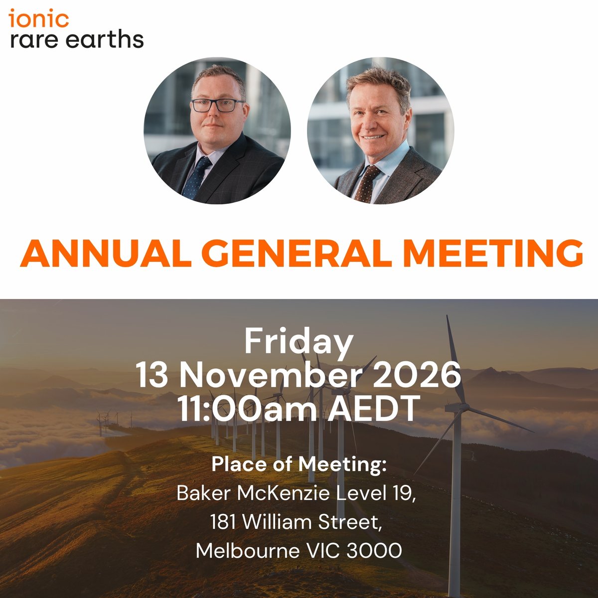 IONIC_RE's tweet photo. @IONIC_RE  shareholders are invited to our Annual General Meeting, from 11am AEDT on Friday, November 13 at Baker McKenzie, Level 19, 181 William St, Melbourne.
Read more: https://t.co/wjeJz0afiu https://t.co/IHeKJlfWZD