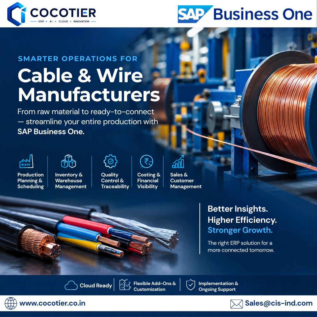 CocotierL23558's tweet photo. Smarter manufacturing starts with better control. 

🌐 https://t.co/8CIFCEzafn
#sapbusinessone #cablemanufacturing #wiremanufacturing #erp #manufacturing #cocotierinnovativesolutions #erpsolutions #sap #sapindia #delhincr #cocotier https://t.co/dMe33JxPTJ