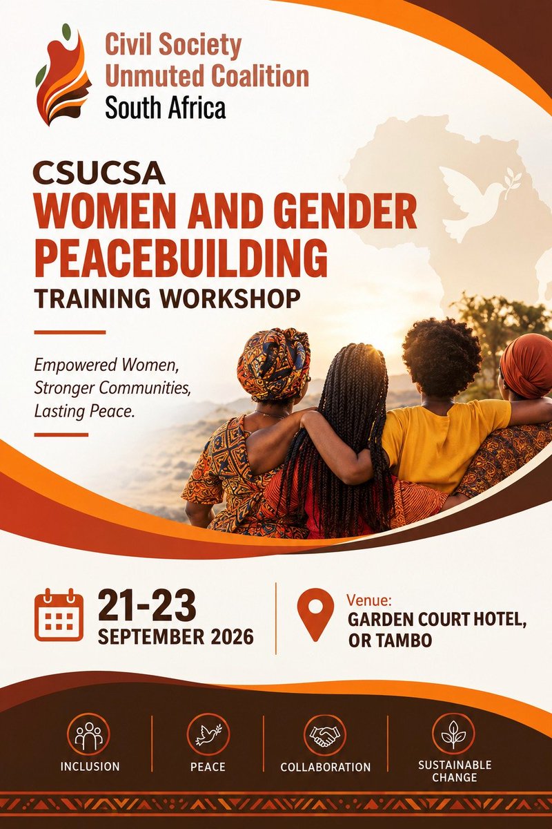 CSUnmuted's tweet photo. Civil Society Unmuted Coalition South Africa presents the CSUCSA WOMEN AND GENDER PEACEBUILDING TRAINING WORKSHOP

Learn more about Unmuted Coalition by visiting our website - https://t.co/P642y7BRE8

#CSUCSA #CivilSociety #SouthAfrica #DemocracyInAction https://t.co/MA6MOc9K84