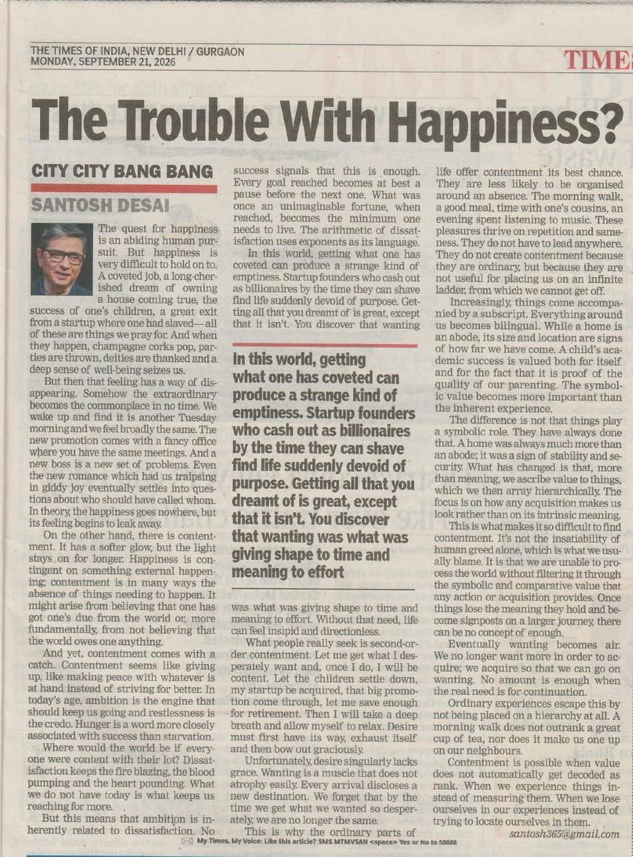 desaisantosh's tweet photo. Happiness, however great, seems to be short lived. And contentment is seen to be a bit like making peace what one has. An examination of what lies beneath these ideas. https://t.co/Z5Mt41uPks