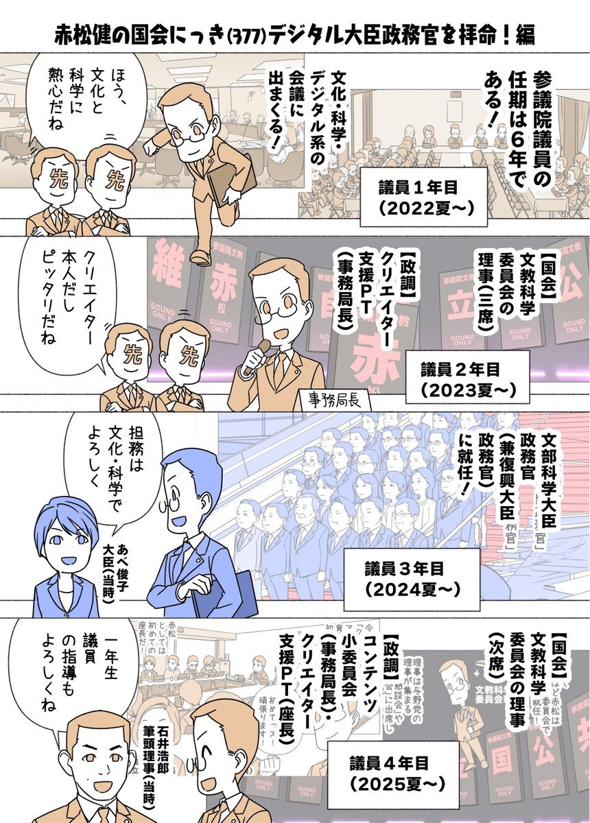 KenAkamatsu's tweet photo. ■赤松健の国会にっき （日曜に更新） 
（３７７）デジタル大臣政務官を拝命！編
第二次高市改造内閣において、デジタル大臣政務官（兼内閣府大臣政務官）に任命されました。古川大臣・塩崎副大臣をしっかり補佐しつつ、頑張ってまいります！ https://t.co/3Ged3Werhf