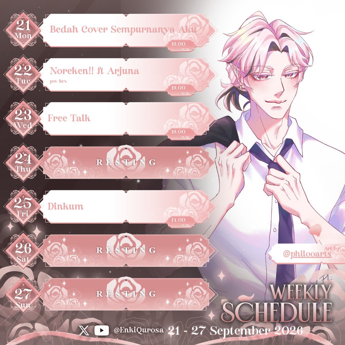 EnkiQurosa's tweet photo. Schedule Minggu ini
21 - 27 September 2026

༺━━━━━━━━━━   ✦  ━━━━━━━━━━༻
General/Main Tag #enkiqurosa
Live/Streaming #livenki
Fanart #enkiqurosart
Thumbnail #enkithumbnail
Clips #enkiclips
Meme/Shitpost #enkikikan
Community/Fans #enkiess
Music/Cover #enkiuta
Photograph #quropap
Nsfw #enkink

--Hashtag Segment--
#EnkiessCaptionThis
#EnkiNoa_LoreTheory

Announcement #enkinfo