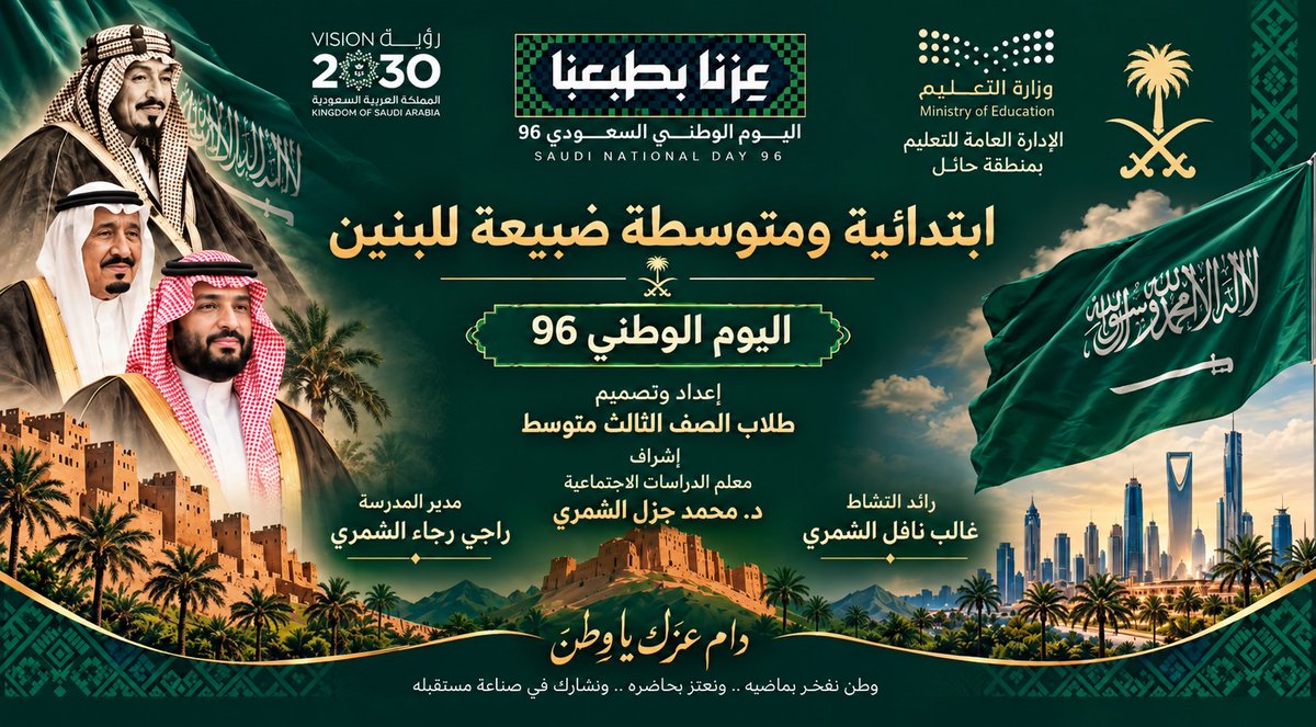 alaunizan's tweet photo. من مشاركة طلاب #ابتدائية_ومتوسطة_ضبيعة من المدارس التابعة ل #الادارة_العامة_للتعليم_بمطقة_حائل بالمناسبة الغالية علينا مناسبة #اليوم_الوطني_السعودي_٩٦ https://t.co/Z12YtaK0tP