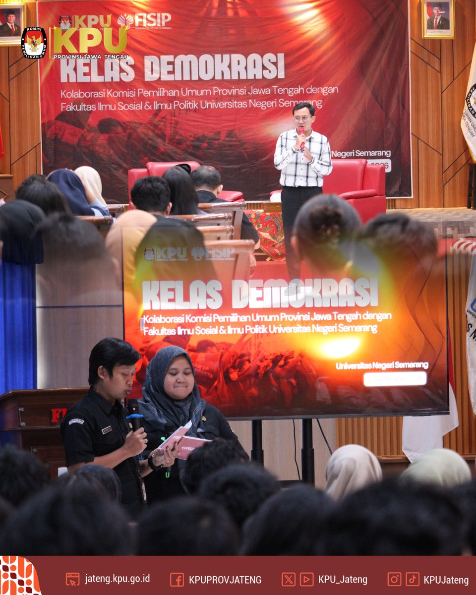 KPU_Jateng's tweet photo. Melalui kegiatan Kelas Demokrasi, KPU Provinsi Jawa Tengah dan FISIP UNNES berharap sinergi antara penyelenggara pemilu dan perguruan tinggi dapat terus diperkuat dalam membangun budaya demokrasi yang sehat. https://t.co/dVfWdUZvzp