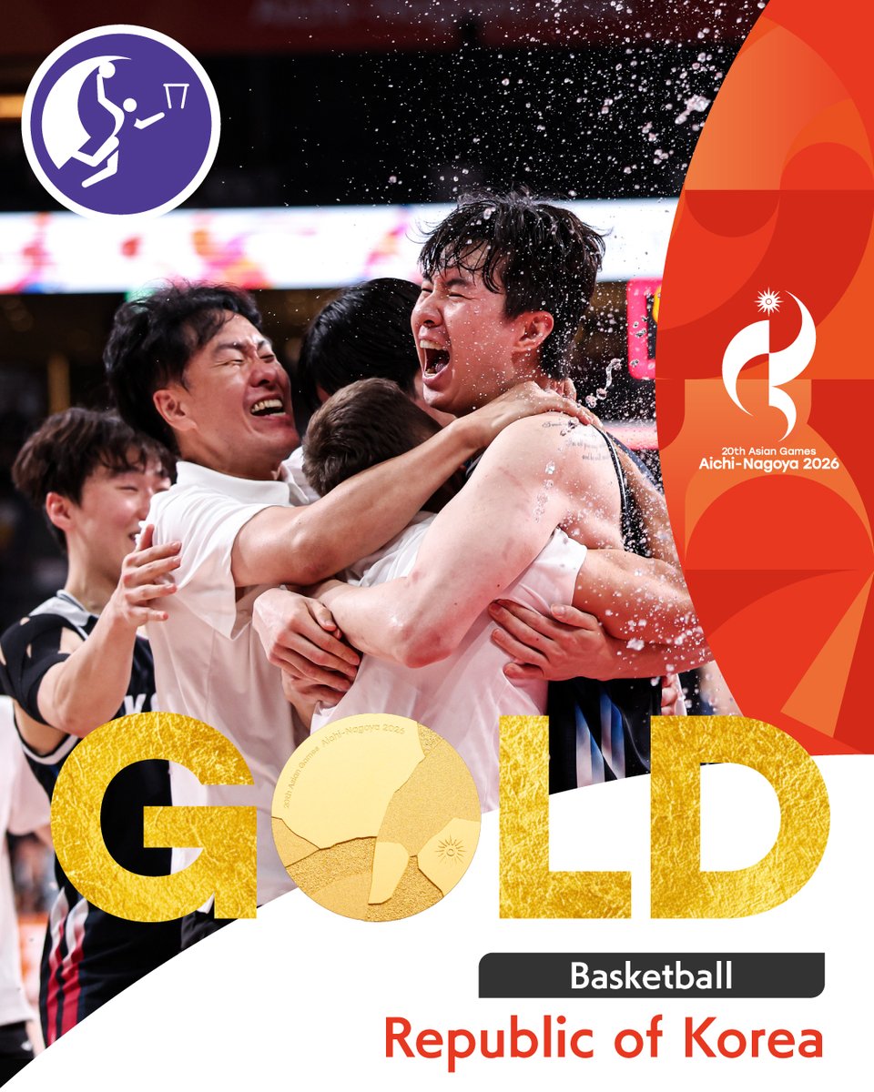 AsianGames_2026's tweet photo. ／
🥇金メダル！ ✨
＼
━━━━━━━━━━━
Basketball | Men
━━━━━━━━━━━

Republic of Korea wins gold! 🥇✨

Congratulations🎉

#アジア競技大会 #愛知名古屋2026 https://t.co/UeQEGSElbc