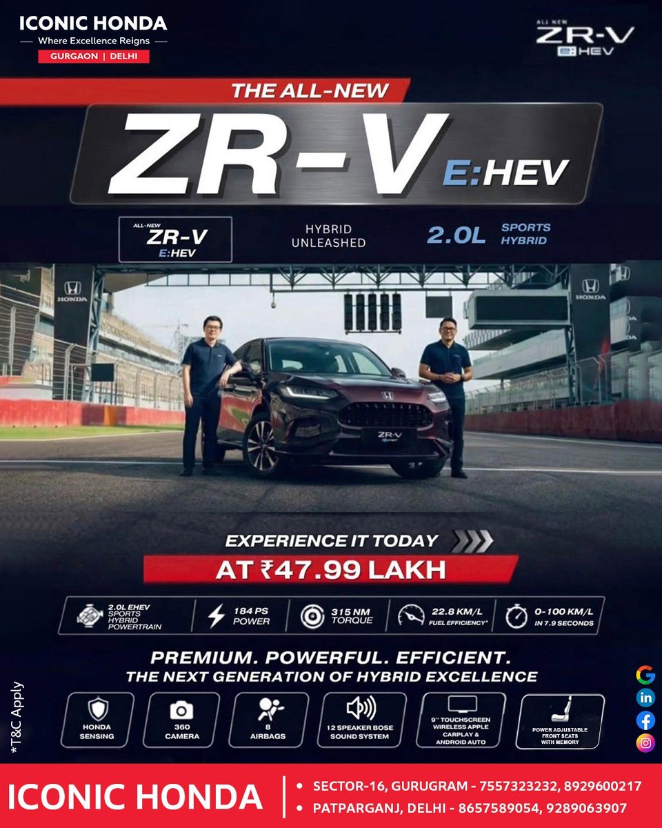 Meme34Dodo's tweet photo. Track-inspired power meets hybrid efficiency. Meet the all-new Honda ZR-V e:HEV with 184 PS, 315 Nm torque, and 22. 8 km/l efficiency. 0–100 km/h in 7. 9s, Honda SENSING, 360° camera, Bose audio. Starting at ₹47. 99 lakh. https://t.co/APXsju3aF1