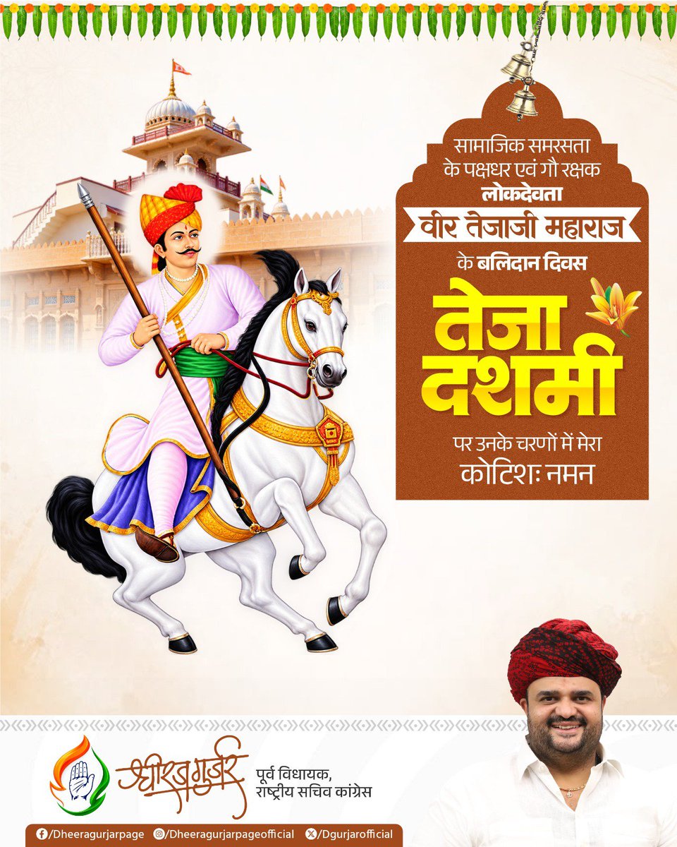 dgurjarofficial's tweet photo. आस्था, विश्वास और लोकपरंपरा के पावन पर्व तेजा दशमी की हार्दिक बधाई एवं शुभकामनाएं।

यह पावन पर्व सभी के जीवन में सुख, शांति और समृद्धि लेकर आए, यही मंगलकामना है। https://t.co/ckWO09XBCb