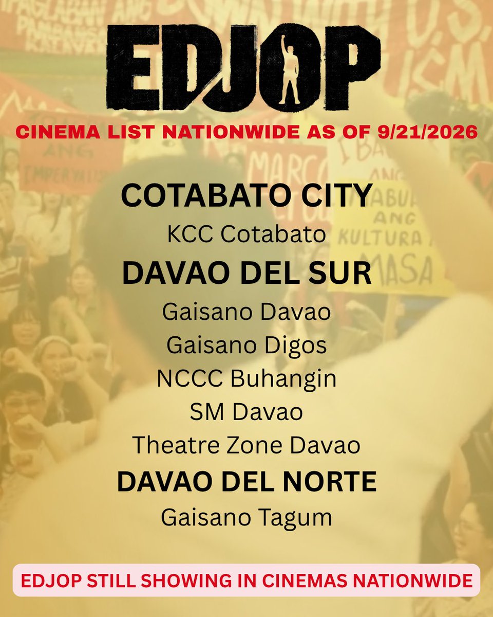 EdjopTheMovie's tweet photo. MERON PA RIN SA COTABATO AT DAVAO! Manood na ng EDJOP at sumali sa usapan. Let’s go! https://t.co/MvhL1NCOde