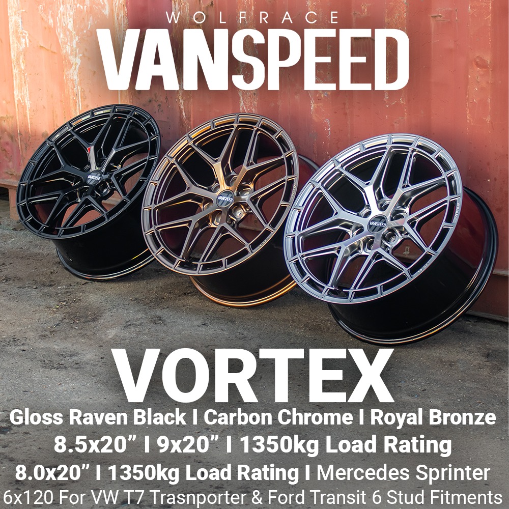 BeckyBridgen's tweet photo. The Vanspeed Vortex: style and strength with load ratings up to 1350kg. Available for VW T7, Ford Transit Custom, Mercedes Sprinter, VW Crafter and Ineos in Gloss Raven Black, Carbon Chrome and Royal Bronze. British design since 1971. https://t.co/M7Y7GBH1IQ