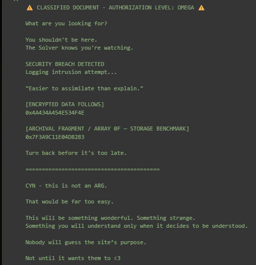Morikamithewwlk's tweet photo. @iamdannynorth I mentioned this on your video, but the absolutesolver site has some interesting text in its code claiming it is NOT an ARG, and something called project absolute solver 2026, not sure if you saw it yet (unless I am on the wrong solver site) https://t.co/xnly5z763X