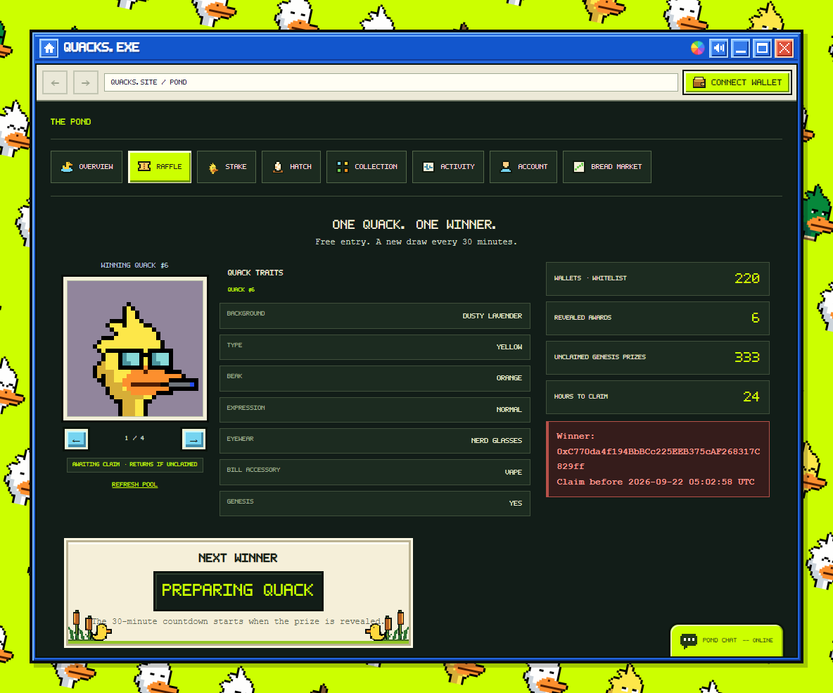 QuacksRH's tweet photo. QUACKS winner: Genesis #6
0xC770da4f194BbBCc225EEB375cAF268317C829ff
Claim before 2026-09-22 05:02:58 UTC. Mint costs gas only.
https://t.co/8RWPJt4o6w https://t.co/ZdL2lMYsN4