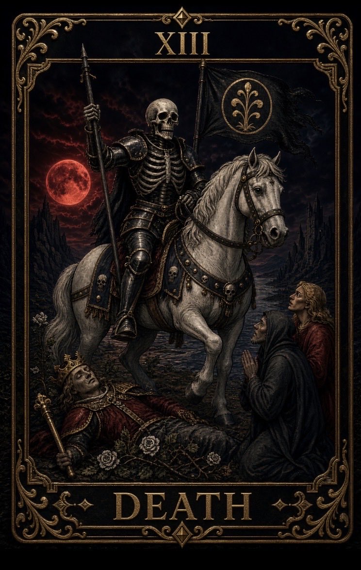 SssShaNegrey's tweet photo. XIII "Death" is the most incomprehensible card of the deck. Almost never about physical death.

On this log, a skeleton in dark armor sits on a white horse. One hand has a long spear, the other has a black flag with a golden lily. The red moon is burning over the gorge. On the ground lies the king in a crown and with a sloe, and white roses are already growing next to him. On the right are two: a monk on his knees and a man in red looking up. Castle, river, mountains. Death goes straight and does not ask anyone.

The history of the map goes back to the medieval "Dances of Death" and the plague of the XIV century: the skeleton mows everyone - kings, bishops, beggars. In the Marseille Tarot XIII arcane often without a name at all ("nameless arcane"), as if the word itself was forbidden. In 1909, Ryder-Wight made him a horseman of the Apocalypse: a white horse, a black banner, a fallen king.

The main secret of the map: the sun in the classic version does not set, but rises between two towers. Even here, where the sky is bloody, roses are already breaking through the royal mantle. Death does not destroy - it removes the form that has outlived.

The number 13 in the West is "unlucky", but 1+3=4 is the Emperor, the new order after the collapse. The Hebrew letter Nun means "fish" and "grow". Astrology - Scorpio: a crisis that gives birth to another creature.

Straight position - the end of the cycle, inevitable change, liberation from the old. Inverted - stagnation, fear of letting go of what is already dead.

Death in Tarot does not come to take life. She comes to pick up the mask, which no longer holds.

Tarot #SeniorArcana #Death #Death #XIII #Transformation #DanseMacabre