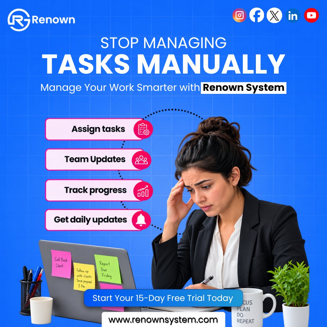Renown_System's tweet photo. 🚫 Stop managing tasks manually!

Manage your work smarter with Renown System-assign tasks, keep teams updated, track progress &amp; stay on top of daily work from one platform. 📊

🚀 Start your 15-Day Free Trial today!

🌐https://t.co/Jt41wmcSkn

#RenownSystem #TaskManagement #CRM https://t.co/o1cwC8AMrR