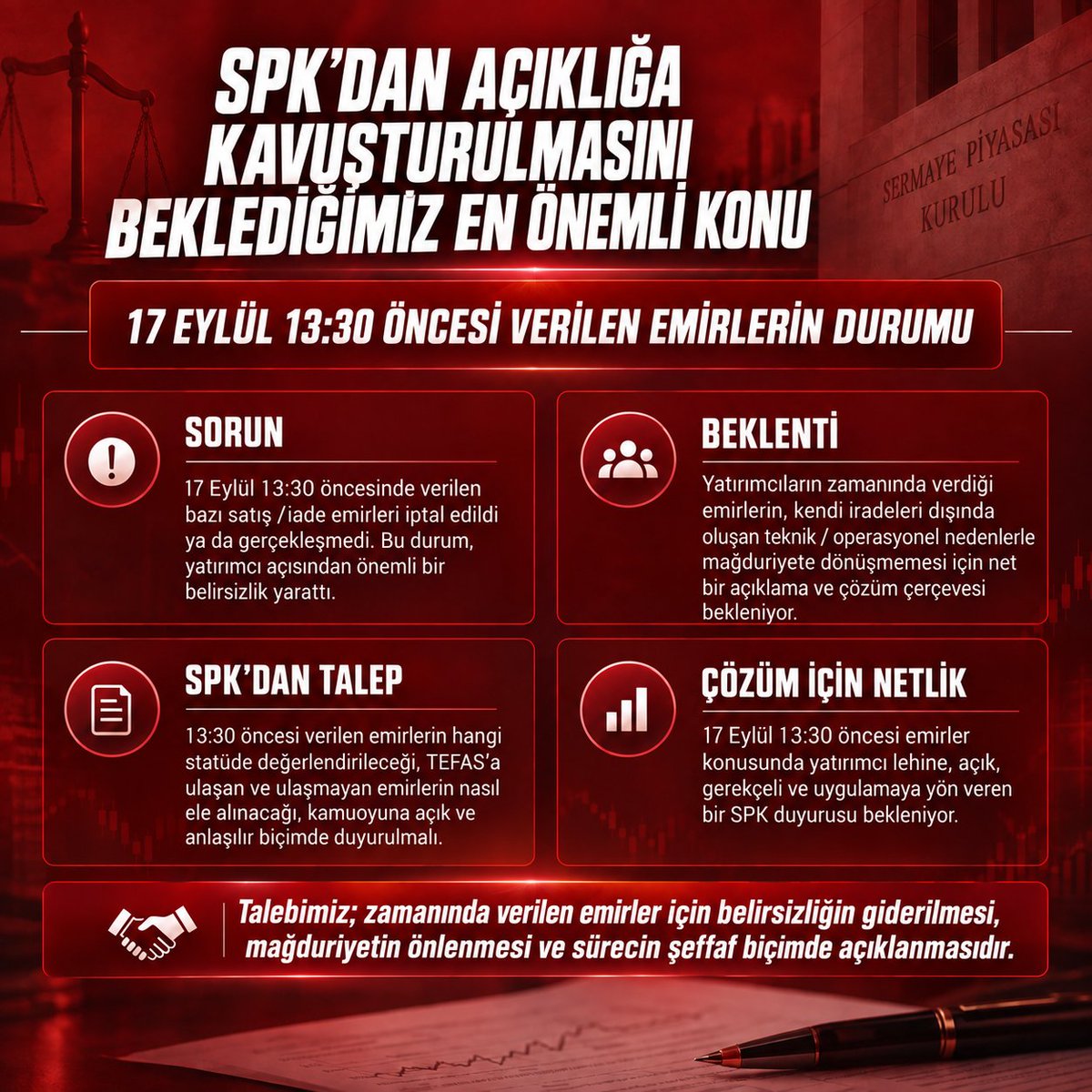 fonmagdurlari0's tweet photo. 🔴 Talebimiz çok net:

Belirsizliğin giderilmesi, zaman damgalı kayıtların esas alınması ve sürecin şeffaf biçimde açıklanması. @spkgovtr @Takasbank @MerkeziKayitTur 

#TeraFonMağdurları  #FonMağdurları https://t.co/UHhLwtY7t7