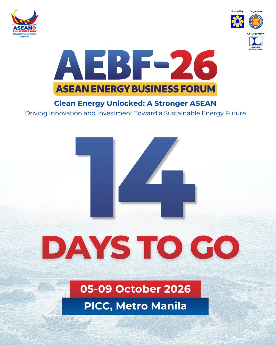 asean_aebf's tweet photo. 🚨 WE ARE 14 DAYS AWAY FROM AEBF-26!

Prepare your agenda, gear up for impactful disucssions and lock in your participation now.
 
📌Book Your AEBF-26 Ticket:
https://t.co/WCIk09JuF1
 
🔗 https://t.co/VqeRCq66KM 
📩 Enquiries: aebf@aseanenergy.org https://t.co/5hzNWtWmXq