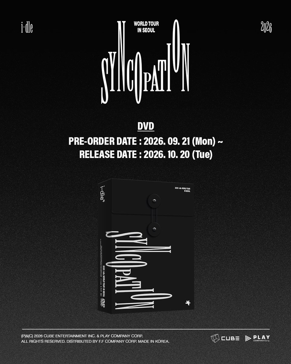 official_i_dle's tweet photo. [📢] 2026 i-dle WORLD TOUR <Syncopation> IN SEOUL DVD/Blu-ray 예약 판매

✔️ 판매 기간 : 2026.09.21. (월) 2PM (KST) ~
✔️ 예약처: CUBEE를 비롯한 온라인 음반 사이트

🔗 DVD: https://t.co/wse5P6Sc4y
🔗 Blu-ray: https://t.co/h7pMY0saMt

#아이들 #idle
#Syncopation
#2026_idle_WORLDTOUR https://t.co/tCUvUW0EhK