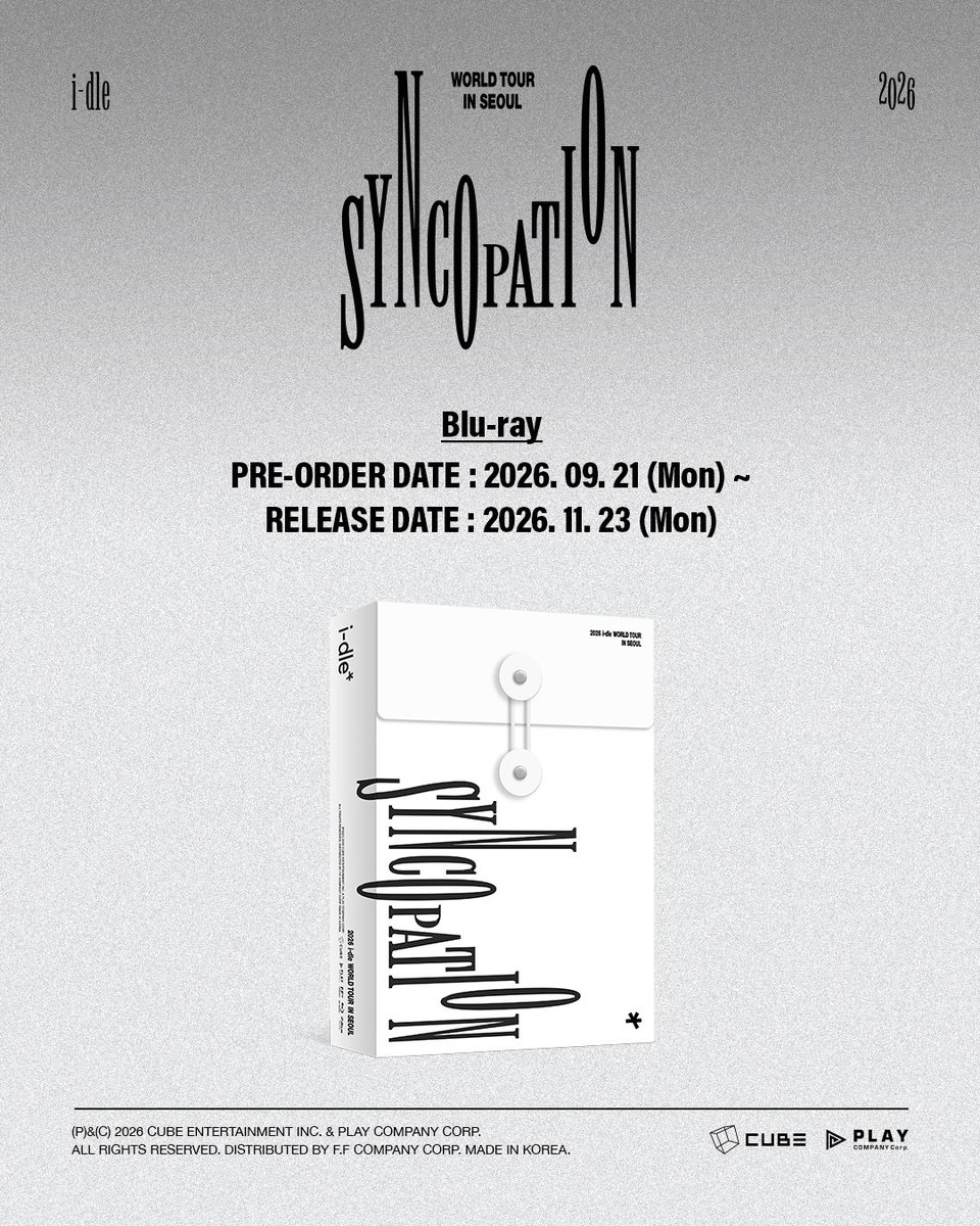 official_i_dle's tweet photo. [📢] 2026 i-dle WORLD TOUR <Syncopation> IN SEOUL DVD/Blu-ray 예약 판매

✔️ 판매 기간 : 2026.09.21. (월) 2PM (KST) ~
✔️ 예약처: CUBEE를 비롯한 온라인 음반 사이트

🔗 DVD: https://t.co/wse5P6Sc4y
🔗 Blu-ray: https://t.co/h7pMY0saMt

#아이들 #idle
#Syncopation
#2026_idle_WORLDTOUR https://t.co/tCUvUW0EhK