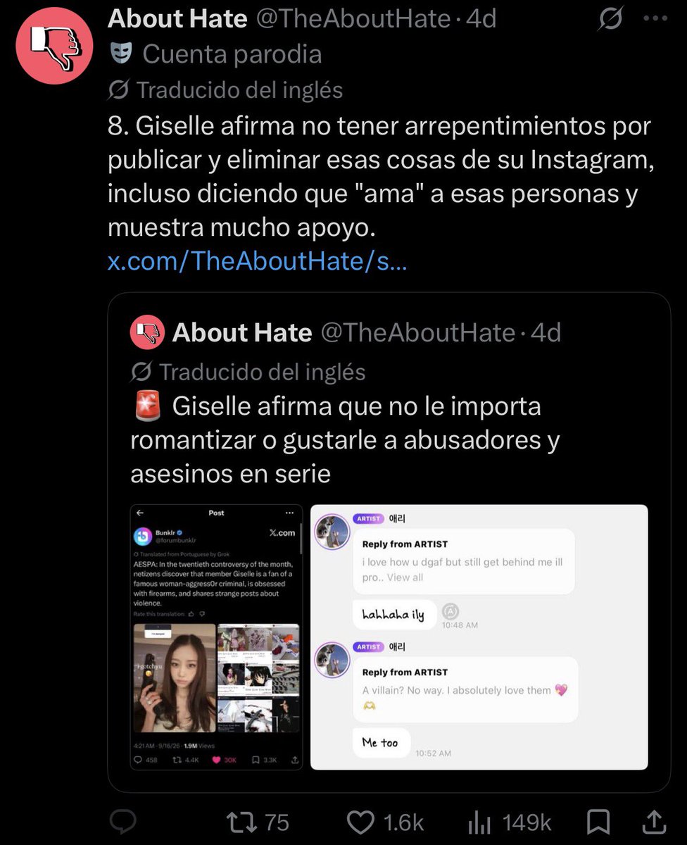 awakeeek's tweet photo. @sonioshidae @megumiputito Y no se arrepiente de nada de todo lo que le ah hecho propaganda 
Hasta dice que ama a esos asesinos lol 
Que el fanatismo no te ciegue y cuestionar a tu fav Gisselle no te hace menos fan https://t.co/XRsQm58CuJ