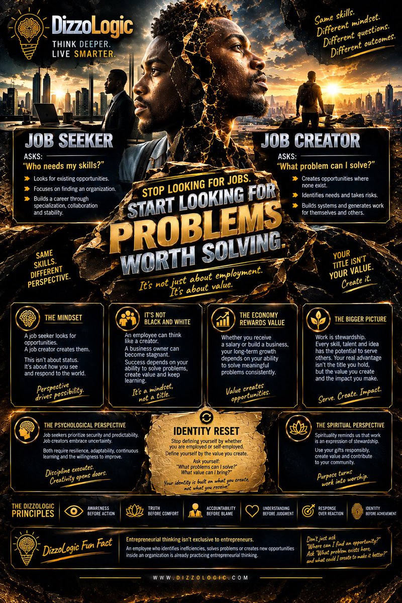 DizzoLogic0101's tweet photo. Stop defining yourself by whether you’re employed or self-employed.

An employee can create enormous value. An entrepreneur can create very little.

The deeper question is:

“What problems can I solve?”

Identity Reset: build your identity around value, not titles. https://t.co/raZRIZjtGa