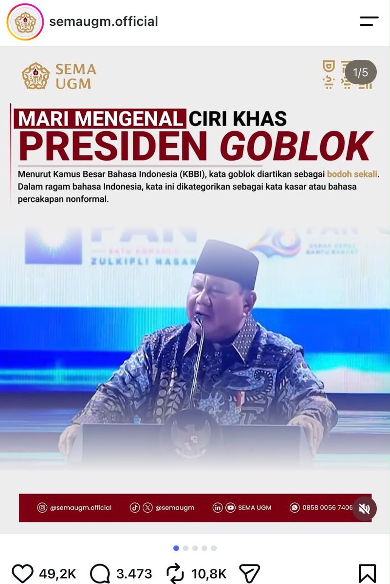 LambeSahamjja's tweet photo. sema ugm sedang memasak:
- judulnya mari mengenal ciri khas presiden*obl*k
- mereka jelasin arti goblok menurut kbbi yaitu bodoh sekali dan masuk kategori kata kasar
- sema ugm kasih daftar ciri-ciri orang bodoh kayak ngerasa paling benar dan paling pintar
- ciri lain yang disebut susah belajar dari kesalahan dan suka ngulang kesalahan yang sama
- rasa ingin tahu rendah dan tertutup sama pandangan baru
- susah berpikir kritis dan defensif kalau dikasih kritik atau saran
- fokus ke diri sendiri dan kurang empati sama orang lain
- gampang marah impulsif dan sok mau keliatan pintar
- sema ugm jelasin fenomena ini pake teori efek dunning-kruger dari david dunning dan justin kruger
- katanya orang yang enggak kompeten sering enggak sadar akan kebodohannya sendiri
- mereka jelasin ada 4 fase psikologis mulai dari puncak kebodohan lembah keputusasaan lereng pencerahan sampe dataran keberlanjutan
- di caption postingan sema ugm nanya haruskah presiden selalu menghina di setiap pidatonya
