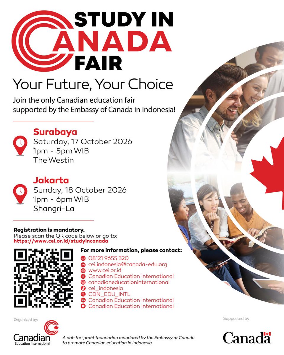 CanEmbIndonesia's tweet photo. Thinking about studying in Canada? The Study in Canada Fair is back in Surabaya and Jakarta in October. Meet representatives from Cdn universities &amp; schools in person, explore your study options, and get answers to your questions. Scan the QR code on the poster to register today! https://t.co/60iCU2v4C5