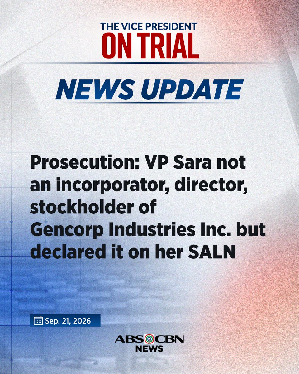 ABSCBNNews's tweet photo. UPDATE: SEC director Gerardo del Rosario says VP Sara Duterte's name does not appear in the Articles of Incorporation and General Information Sheet of Gencorp Industries Inc.
 
Despite this, the prosecution says Duterte declared the company in her SALN. #VPOnTrial | via @victoriatulad
