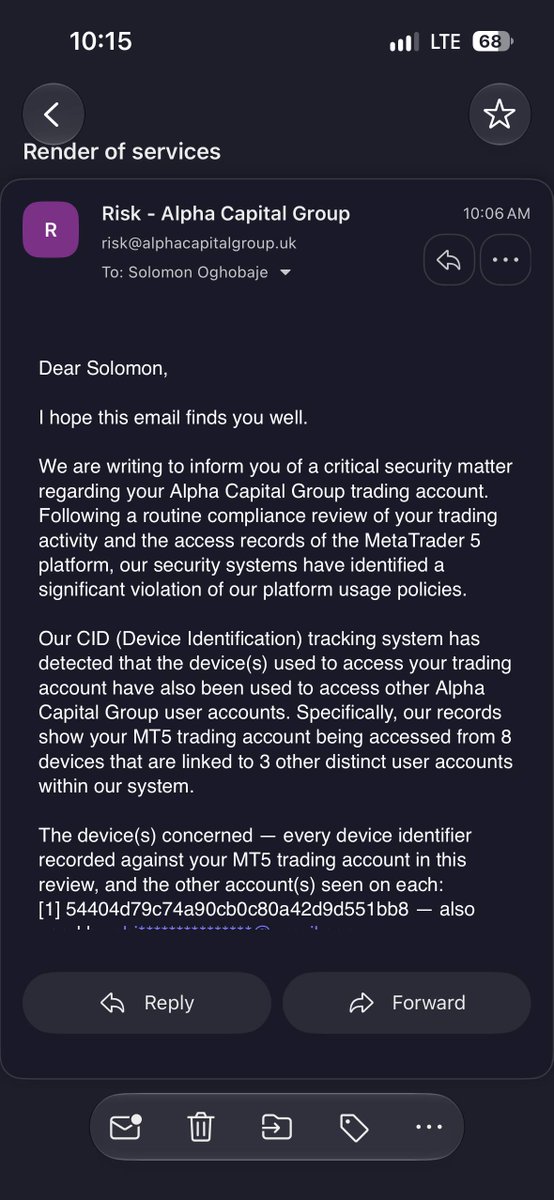 Only1MansaCrypt's tweet photo. @AlphaCapitalUK rejected my payout again today.
FXNG i need your voice, im being cheated

Over the last two weeks, I requested a $2,200 payout, which was rejected because ACG said I had exceeded the 1% risk limit.

In that case, I acknowledge that I did exceed 1% and I accepted the violation.

But today's situation is completely different On Thursday, I requested a $3,600 payout.

This time, I made absolutely sure I stayed within the 1% risk requirement. I also made sure I wasn't trading during news because I wanted to comply with the rules and finally receive my payout.

Today, the payout was rejected again  but this time for an alleged CID/device violation involving multiple ACG accounts.
@george_kohler  @AU79executioner  @kimmeltrading  @ZamcoCapital @PropFirmMatch  @astucefx  @SayLessFX  @tonysnip3r @CFTC