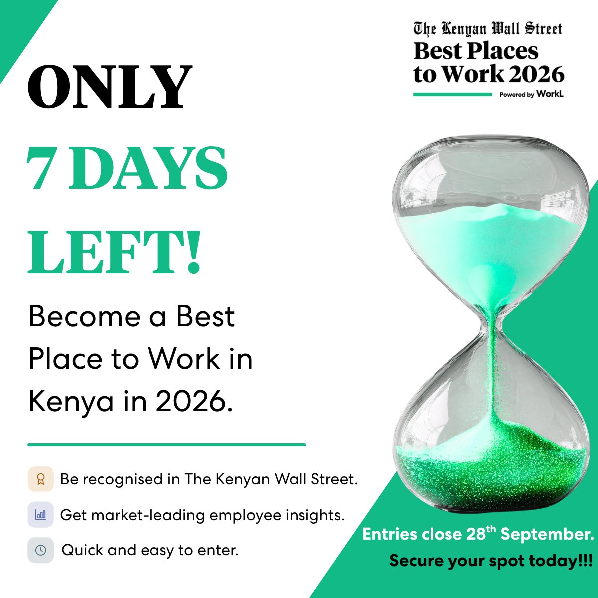 WorkLforBusines's tweet photo. ๐จ FINAL WEEK TO ENTER ๐จ
Don't miss your chance to be recognised as one of the 2026 Best Places to Work in Kenya! ๐ฐ๐ช
Complete your entry for the Kenyan Wall Street Best Places to Work 2026 Awards at https://t.co/ZstFp4UROs
@kenyanwalstreet #BPTW2026 #WorkL #Recognition #Kenya https://t.co/BqOA6bufTl