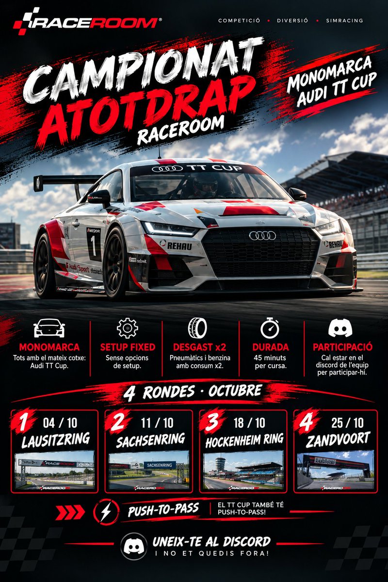 a_tot_drap's tweet photo. 🏁 CAMPIONAT ATOTDRAP · RACEROOM 🏁

Ja no hi ha secrets! 🔓

🏎️ Audi TT Cup · Setup Fixed · Desgast x2 · Benzina x2 · 45’

📅 04/10 Lausitzring
📅 11/10 Sachsenring
📅 18/10 Hockenheim
📅 25/10 Zandvoort
⚡ Push-to-Pass
 
#Atotdrap #RaceRoom #EnCatalà https://t.co/SKz53yGBnW