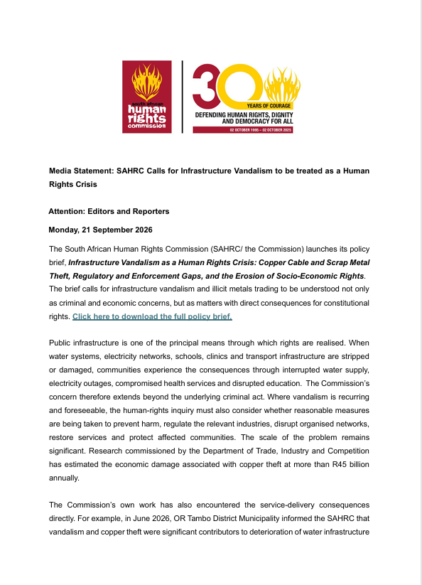 SAHRCommission's tweet photo. Media Statement: SAHRC Calls for Infrastructure Vandalism to be treated as a Human Rights Crisis https://t.co/KEkBJmk8Ai https://t.co/MyoWZWOJ0U