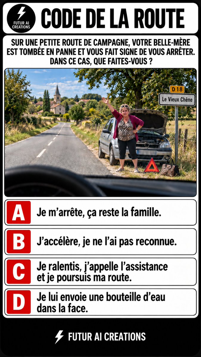 Benjamin_Sibuet's tweet photo. 🚗⚠️ CODE DE LA ROUTE
Sur une petite route de campagne, votre belle-mère est tombée en panne et vous fait signe de vous arrêter… 👀
Dans ce cas, vous faites quoi ?
A, B, C ou D ? 👇
#CodeDeLaRoute #BelleMere #Humour #Quiz #Devinette https://t.co/xaEEZin7dA