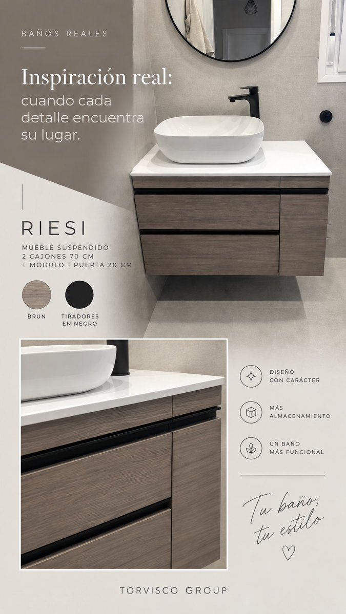 TorviscoGroup's tweet photo. BAÑOS REALES | Inspiración real 🤎

Así luce nuestro mueble RIESI en el baño de uno de nuestros clientes.

Acabado brun + tiradores negros; suspendido, dos cajones + módulo RIESI de una puerta. 

Más almacenaje, estética ligera y equilibrada.
¿Te imaginas RIESI en tu baño? https://t.co/7LmWcHjrd4