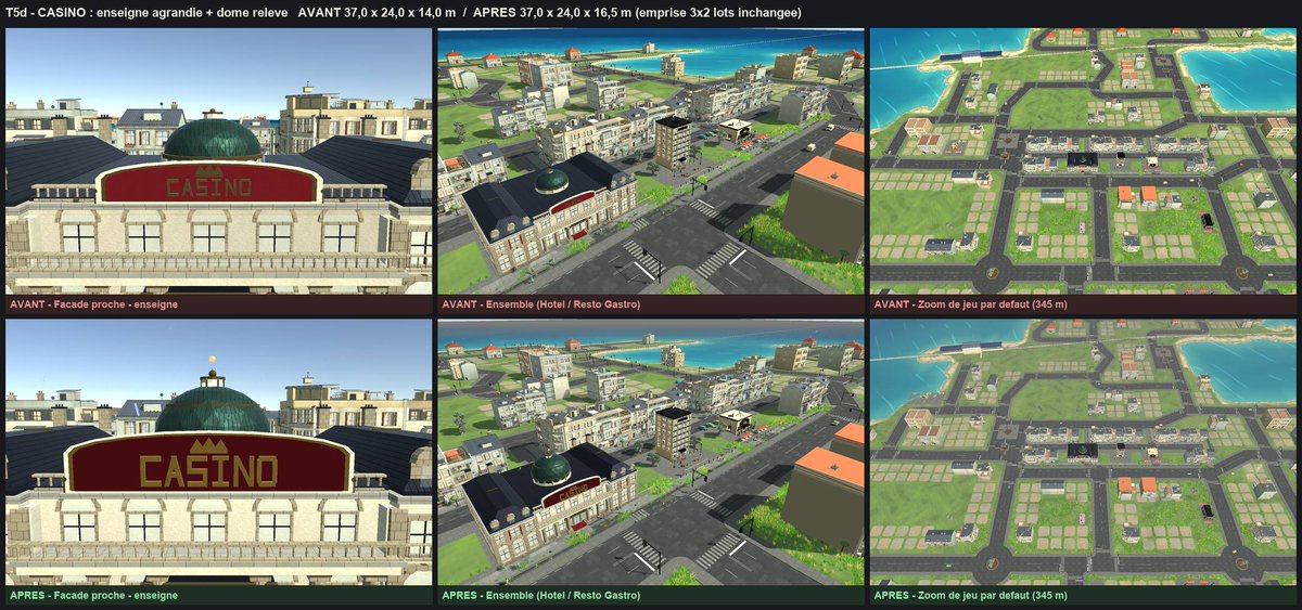 kenzie__games's tweet photo. Our BlockRise casino was a one-plot box with a sign on it. It's now a 3x2 monument: verdigris dome 16.5 m up, colonnade, and a gold sign still readable from 345 m out. Before/after: https://t.co/mjbAQ1T8vd