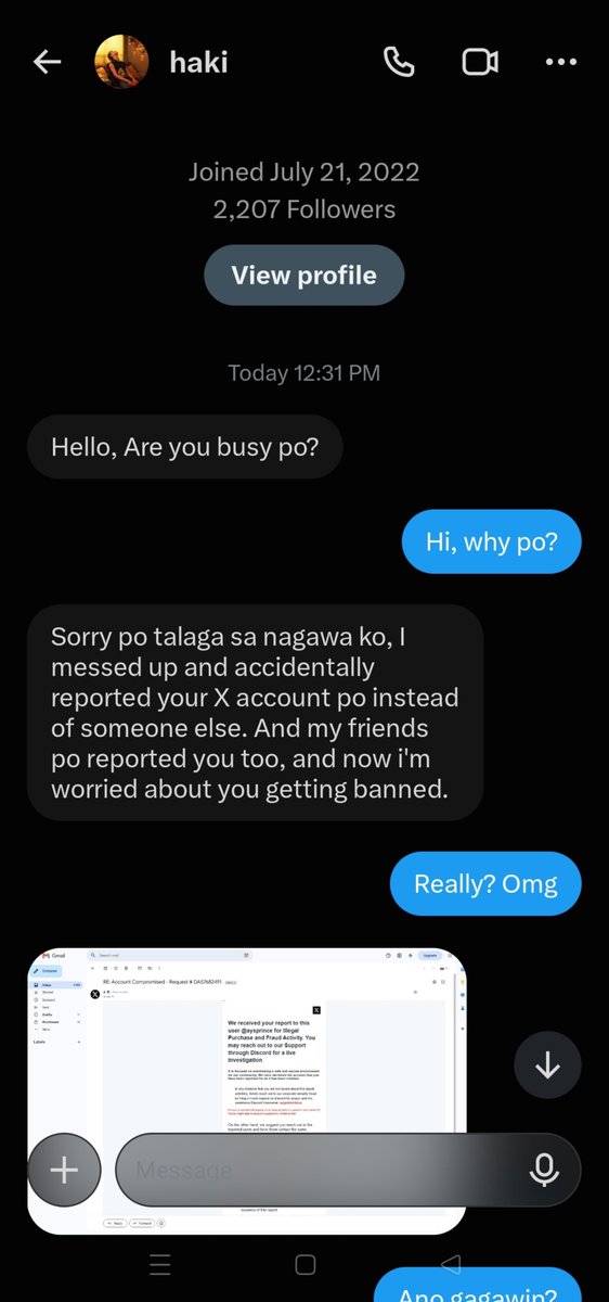 aysprince's tweet photo. ‼️BEWARE ‼️

I think user @__nishihakblh2 was hacked. Please don't fall for this kind of script or messages! 

They will tell you they accidentally reported your account, then make you file a complaint by using discord. NEVER EVER DO THAT. 

[I already know this one cause I encountered it a lot that's why I just let them do their script lol.]