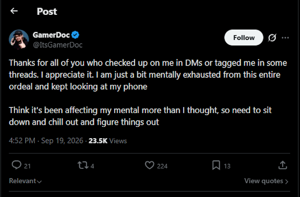 user958723's tweet photo. @Trainwreckstv @ItsGamerDoc This is the deleted post where he tried to play the victim instead of apologizing. Deleted it, after not a single person sided with him.

His digital footprint is insane, you can go years back and he's always been a power-tripper https://t.co/98ixN16sR6