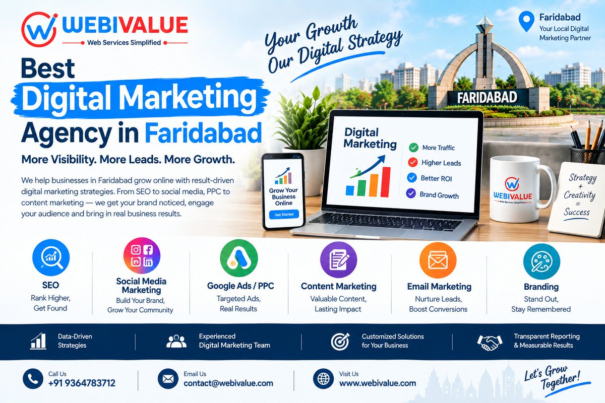 abhijnawebival's tweet photo. Best Digital Marketing Agency in Faridabad by WebiValue helps businesses improve online visibility, attract targeted traffic, generate quality leads, and support business growth through result-oriented digital marketing strategies. 
 #DigitalMarketingAgencyFaridabad #WebiValue https://t.co/kEvjWZRUxD