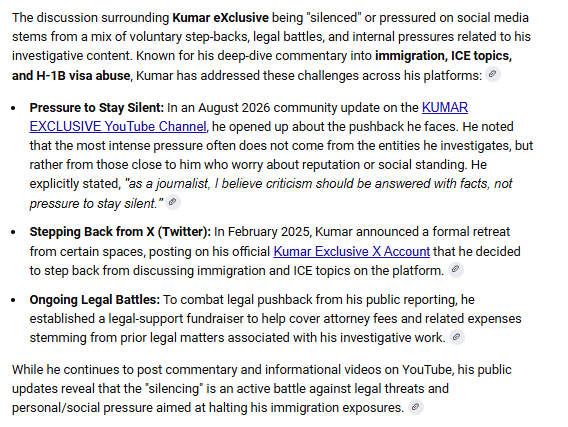 ChillMode2345's tweet photo. Another American patriot @KumarXclusive has been silenced for now since August, with multi-million-dollar defamation/cease lawsuits filed in India against him by Indian H1B bodyshop operators. He has been exposing H1B fraud since 2008 and was one of the first to expose the bodyshop frauds on a major news channel in 2008! He has locked down his X account and was forced to delete H1B-related Indian bodyshops fraud-exposing content on X, his blog, and his YouTube channel! 

Please help him with his legal expenses if you can! He has hired lawyers in India and in the USA to deal with these intimidation tactics from alleged fraudsters.

Even $1 donation matters! 

Thank you, fellow Patriots!
https://t.co/qNIHjiMNLc