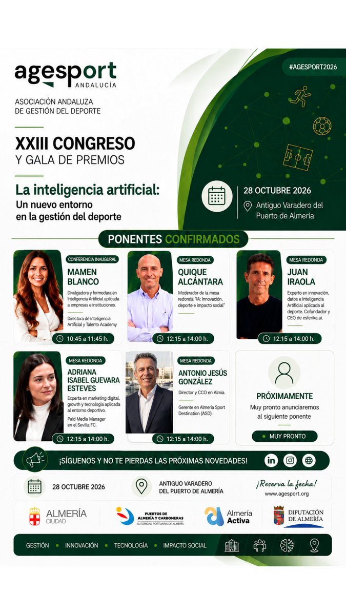 AGESPORT's tweet photo. 🤖💚 ¡𝗬𝗮 𝗰𝗼𝗻𝗼𝗰𝗲𝗺𝗼𝘀 𝗮 𝗰𝗶𝗻𝗰𝗼 𝗽𝗿𝗼𝘁𝗮𝗴𝗼𝗻𝗶𝘀𝘁𝗮𝘀 𝗱𝗲𝗹 hashtag#CONGRESOAGESPORT2026!

El programa del 𝗫𝗫𝗜𝗜𝗜 𝗖𝗼𝗻𝗴𝗿𝗲𝘀𝗼 𝘆 𝗚𝗮𝗹𝗮 𝗱𝗲 𝗣𝗿𝗲𝗺𝗶𝗼𝘀 𝗔𝗚𝗘𝗦𝗣𝗢𝗥𝗧 𝟮𝟬𝟮𝟲 sigue tomando forma y ya contamos con cinco profesionales confirmados https://t.co/jYCcahAIiZ