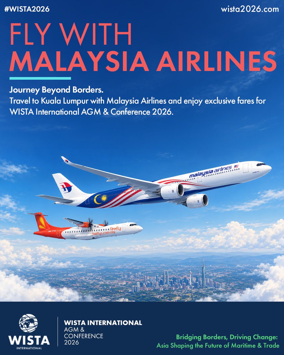 WISTAInt's tweet photo. ✈️ We are delighted to announce Malaysia Airlines as the official flight partner of #WISTA2026 and is
offering attendees and speakers an exclusive event discount on flights to Kuala Lumpur.
 
To request the discount code and booking details contact: wistaintl2026@mediacomz.com https://t.co/yObBql3juM