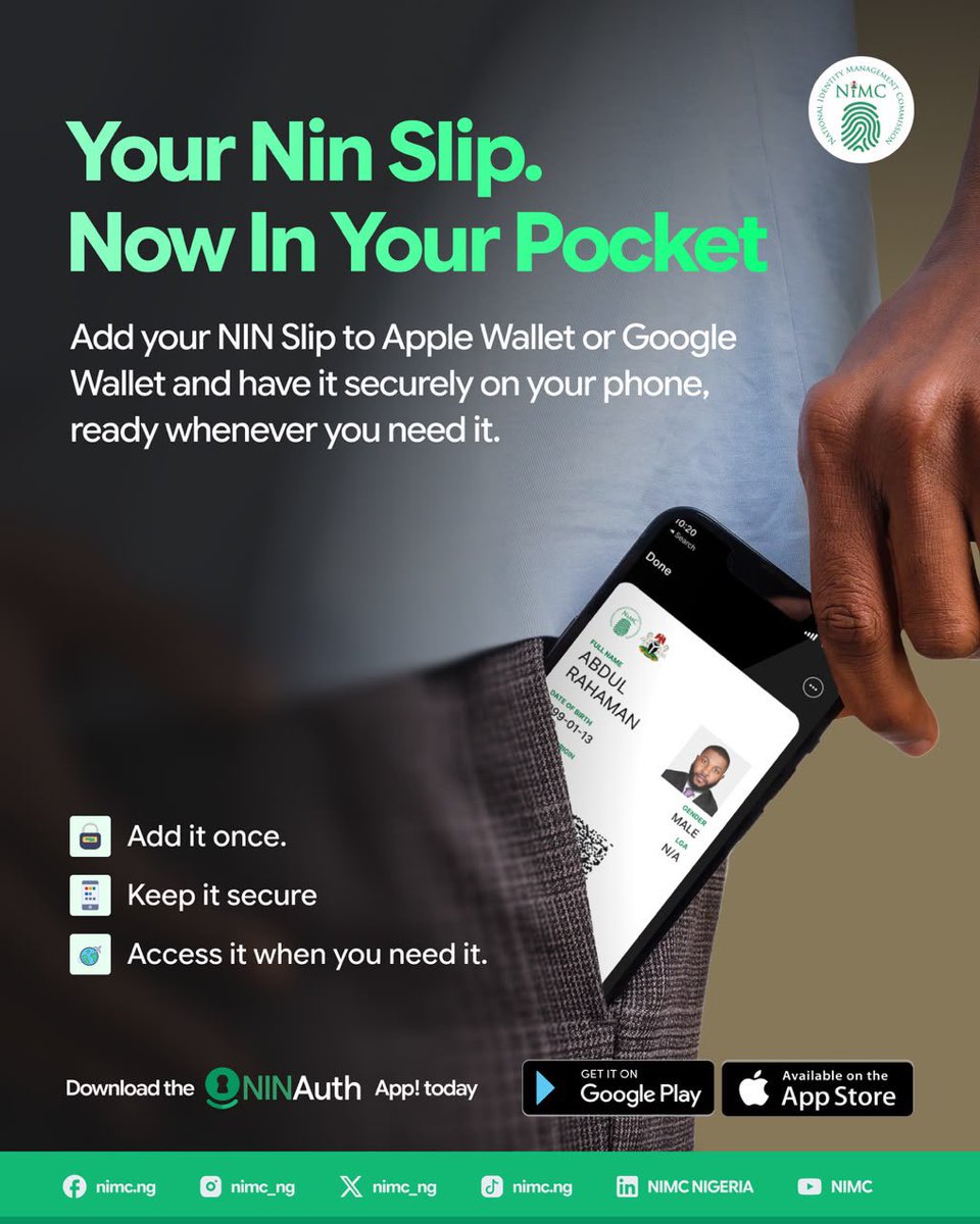 nimc_ng's tweet photo. Your NIN Slip, now conveniently in your pocket.

Access, download and keep your NIN Slip with you, anytime, anywhere, with NINAuth.
Your Identity. In Your Hands. https://t.co/EnyD45hT5p