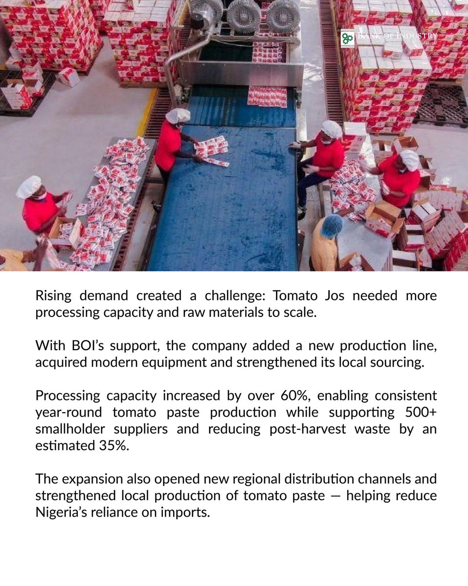 BOINigeria's tweet photo. From farm to factory, Mira Mehta, Co-Founder and CEO of Tomato Jos is showing what’s possible when local agriculture meets innovation and investment. 

With BOI’s support, the agribusiness has expanded its processing capacity, strengthened local sourcing and created more opportunities across the tomato value chain.

Swipe to discover the story behind the growth.

#BOIAgribusinessSpotlight #BOI #TomatoJos #Agribusiness #MadeInNigeria