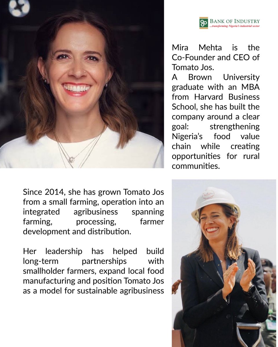 BOINigeria's tweet photo. From farm to factory, Mira Mehta, Co-Founder and CEO of Tomato Jos is showing what’s possible when local agriculture meets innovation and investment. 

With BOI’s support, the agribusiness has expanded its processing capacity, strengthened local sourcing and created more opportunities across the tomato value chain.

Swipe to discover the story behind the growth.

#BOIAgribusinessSpotlight #BOI #TomatoJos #Agribusiness #MadeInNigeria