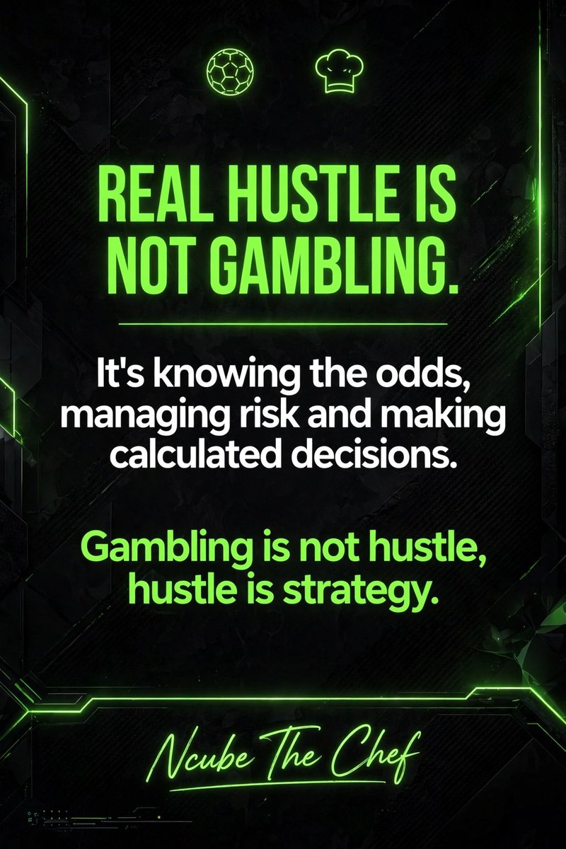 petroh27s's tweet photo. "REAL HUSTLE IS NOT GAMBLING. IT'S KNOWING THE ODDS,  MANAGING RISK AND MAKING CALCULATED DECISIONS🧑‍🍳🏆"

Gambling is not hustle , hustle is strategy📊🔦

SUPER STRAIGHT WIN 💥✅ 
BOOMING CODE:BW744BD59C

#NcubetheChef #FootballSeason https://t.co/x3VpuU3TFu