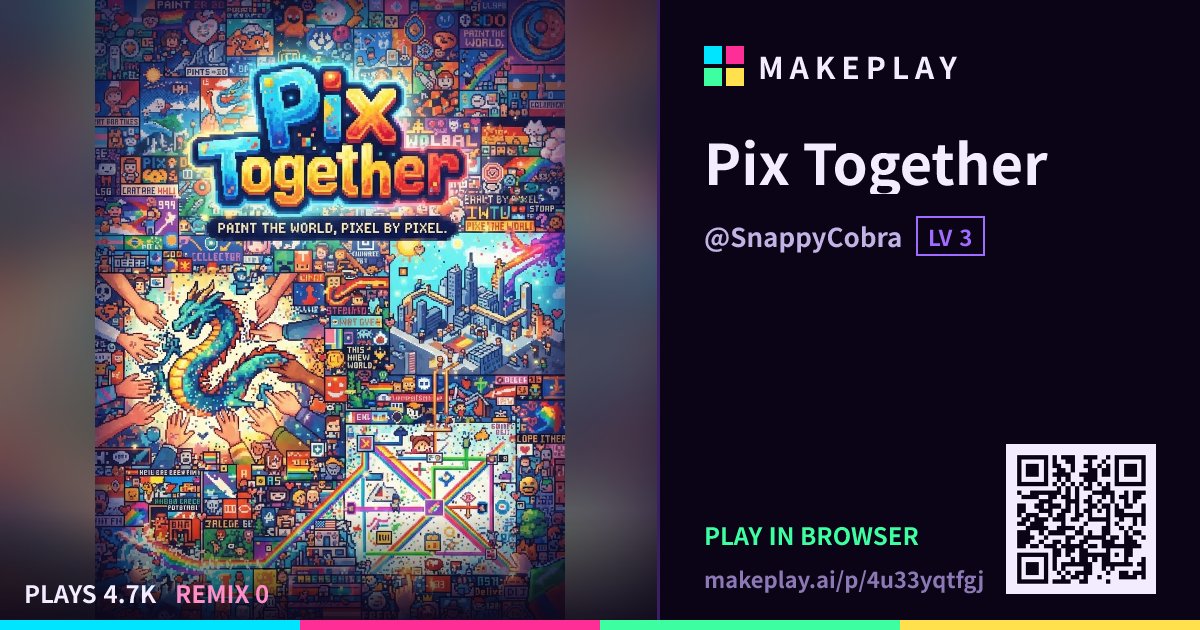 makeplayai's tweet photo. Pain Together in #MakePlayAI
Multiplayer game generation is under testing at the moment.
Introducing Pix Together by SnappyCobra
https://t.co/sGKUCBCK0Q
Click it, pain it, and try make a game of yours by simply typing your thoughts.
#GenAI https://t.co/tbDe0HmUes