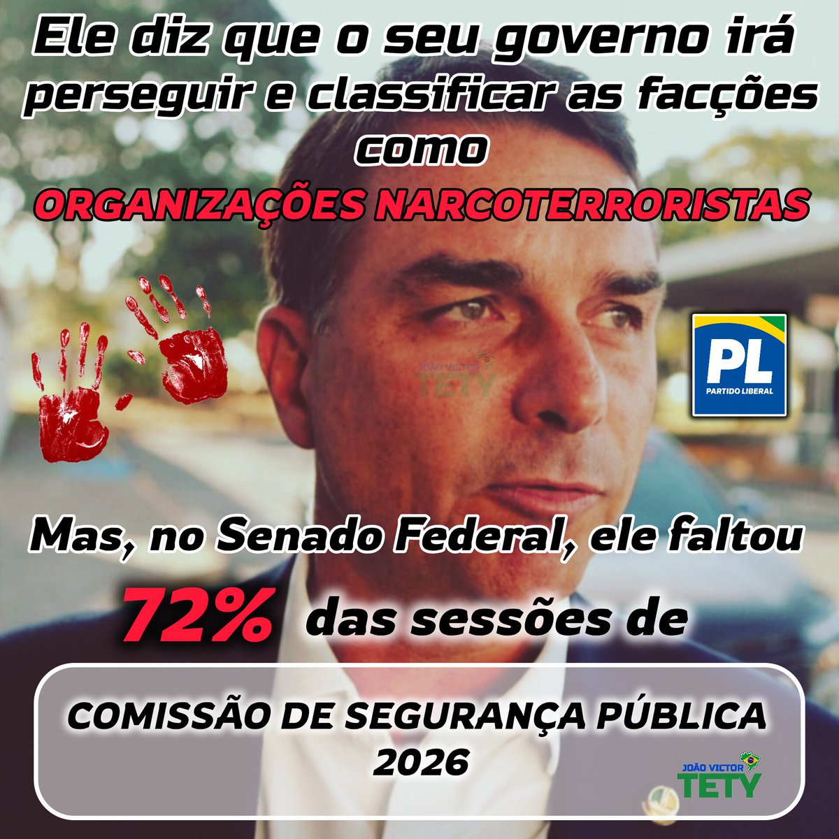 Iamtety1's tweet photo. O Flávio Bolsonaro paga de bom senador! Diz que sempre combateu a criminalidade, mas faltou 72% das sessões de Comissão de Segurança Pública em 2026.

Cai na mentira quem quer!

Eu voto em projeto verdadeiro! Vote Renan Santos! Vote 14.
#JoãoVictorTety https://t.co/YqZgF7cFHO
