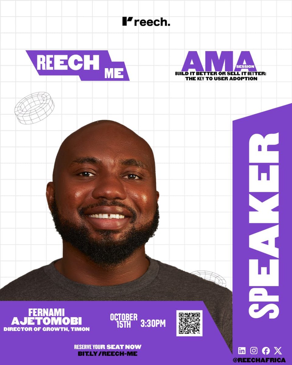 ReechAfrica's tweet photo. We are announcing our first speaker for Reech Me AMA.
Feranmi Ajetomobi @A_Feranmi , Director of Growth at Timon, joins us to talk "Build It Better or Sell It Better: The Key to User Adoption."

Join us on October 15th, 3:30PM. 
Register here: 
https://t.co/lOTW3JRvTJ

#reechme https://t.co/9fhgJ1Hf0s